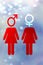 Illustration of two women with different gender symbols, glow background