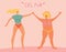 Illustration with two women wearing swimwear. Body positive female character. Owerweight characters