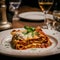 Illustration of a typical bolognese lasagna on a restaurant table, Italian cuisine dish. Close up of traditional lasagna with meat