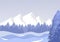 Illustration with typical christmas landscape background. In the background snowy mountains, pine groves and in the foreground sn