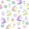 Illustration with unicorn, donuts and cakes. Ice-cream. Pattern in flat style on white background