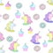 Illustration with unicorn, donuts and cakes. Ice-cream. Pattern in flat style on white background