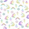 Illustration with unicorn, donuts and cakes. Ice-cream and rainbow. Pattern in flat style on white background