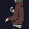 Illustration of an unnamed girl in a hoodie drinking coffee on a dark background