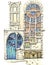 Illustration urban sketching markers pencils vintage modern house european architecture stained glass and windows