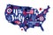 Illustration of USA map with abstract floral and patriotic elements. 4 July Independence Day template