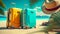 Illustration of vacation on tropical sunny beach and beautiful sand. Pastel, modern suitcases are in the center of the frame.