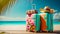 Illustration of vacation on tropical sunny beach and beautiful sand. Pastel, modern suitcases are in the center of the frame.