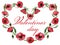 Illustration for Valentine card. Red poppy flowers are making a heart shaped frame with sign Valentine`s day on white background.