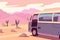 illustration of van caravan in natural backdrop mountains, family road trip in the highlands by RV