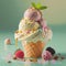 Illustration of vanilla and strawberry ice cream in waffle cup with sprinkles, nuts, fruits and mint leaf. Delicious summer