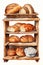 Illustration of various pastries, bread on wooden shelves, white background