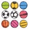 Illustration various sports balls handdrawn different colors. Collection includes basketball