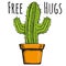 Illustration vase with a cactus with phrase hug free