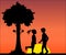 Illustration vector black silhouette of lovers Couple in love of man and woman under the tree, sentimental, flower, date