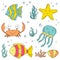 Illustration Vector doodle set of elements of marine life. Underwater World collection. Icons and symbols hand drawing sketch