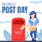 illustration vector graphic of female postal clerk puts postcard in mailbox