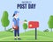 illustration vector graphic of a female postal clerk puts a postcard in a post box