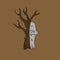Illustration vector graphic of ghost hiding behind a tree. Brown background. Perfect for Halloween costume designs and Halloween