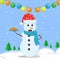 Illustration vector graphic of the happy snowman using santa claus hat and blue scarf bring a plate of biscuits. Blue background.