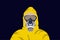 Illustration vector graphic of image man in protective hazmat suit isolated on dark blue background. Vector illustration of yellow