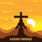 Illustration vector graphic of jesus standing with the cross on the hill in the evening, showing sunset