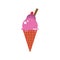 Illustration vector graphic of a melted pink ice cream cone with cherry topping and wafers.
