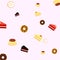 Illustration vector graphic of seamless sweets pattern with brownies, donuts, japanese pudding