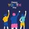 Illustration vector graphic of three youths are raising their hands up