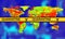 Illustration vector graphic of yellow quarantine tape on world map with Infrared Visual heat effect background. Visual heat map.