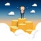 Illustration vector of a successful business man standing on top of coin mountain lifting up both hand