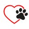 Illustration veterinary emblem black dog paw in the heart on a white background