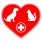 Illustration veterinary emblem with dog and cat with medical cross on a heart background