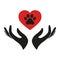 Illustration veterinary logo of a hand holding a red heart with a dog paw