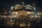 illustration, a victorian fairground at night, many rides, many people, ai generative