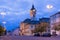 Illustration of view on City Hall in night light of Szeged