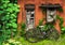Illustration of a Vintage Bicycle Leaning Against an Old Red House With a Green Garden.