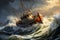 Illustration of a vintage fishing boat navigating stormy seas