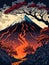 Illustration of a volcano. Volcanic eruption, oriental style painting