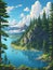 Illustration wallpaper of landscape cliff with Spruce tree in top across massive lake