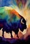 illustration of watercolor bison, abstract color background. Digital art.