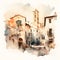 Illustration watercolor of charming old mediterranean village