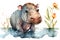 Illustration of watercolor cute baby hippopotamus, ai generative