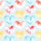 Illustration of a watercolor drawing seamless pattern of shapes of hearts on the background.