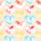 Illustration of a watercolor drawing seamless pattern of shapes of hearts on the background.