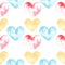Illustration of a watercolor drawing seamless pattern of shapes of hearts on the background.