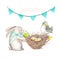 Illustration of watercolor Easter rabbit, bird, nest with eggs and festive garland with flags