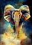 Illustration of watercolor elephant, abstract color background, eye contact. Digital art