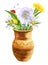 illustration of watercolor flowers in a ceramic jug, daisies, grass, dandelion, blowball, wildflowers in a vase, hand