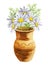 illustration of watercolor flowers in a ceramic jug, daisies, grass, wildflowers in a vase, hand drawn sketch